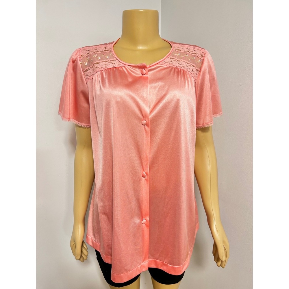 Vanity Fair Vintage Coral Pink Satin Lace Floral Pajama Top Short Sleeve Size M